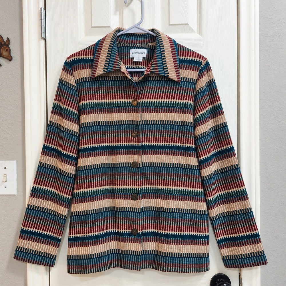 Vintage Alfred Dunner Striped Button Front Jacket Shoulder Pads Size 14 Multi